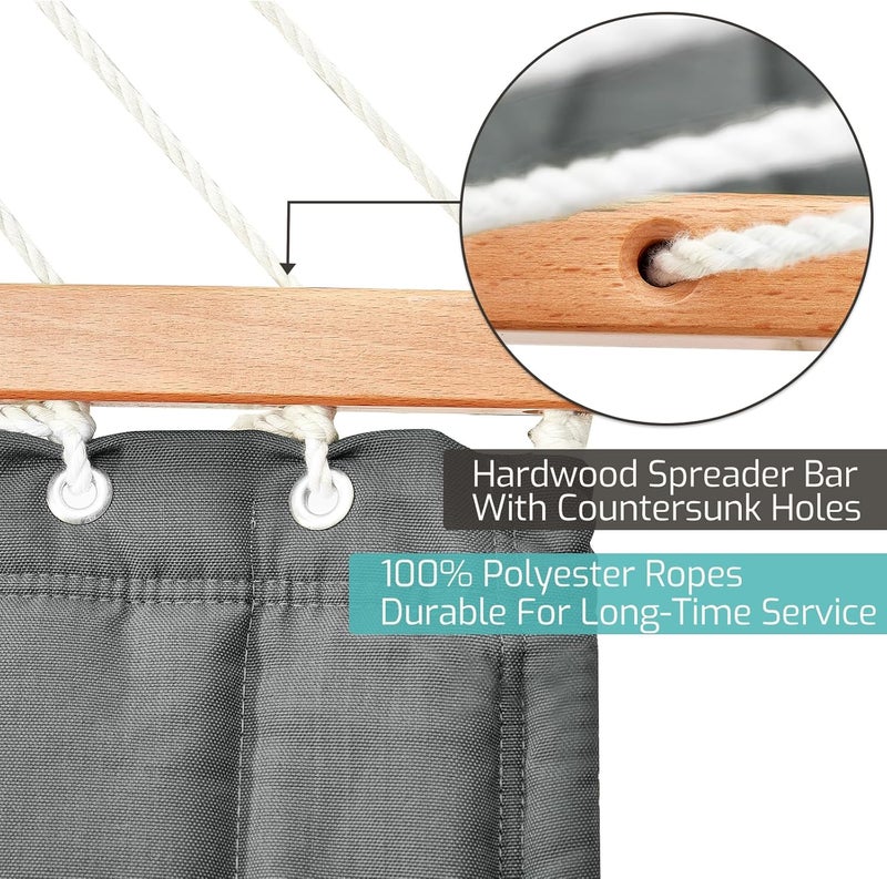 CHULIM Double Quilted Fabric Hammock with Hardwood Spreader Bars and Pillow 450 LBS Capacity 2 Person Large Hammock for Outdoor Patio Backyard Poolside - Dark Grey - Image 5